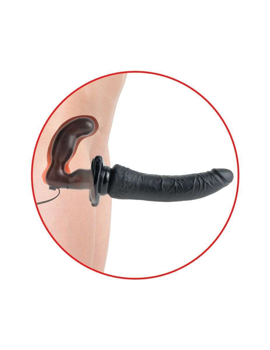 картинка Черный страпон с вагинальной пробкой Deluxe Vibrating Penetrix Strap-On - 19 см. от магазина Без Проблем