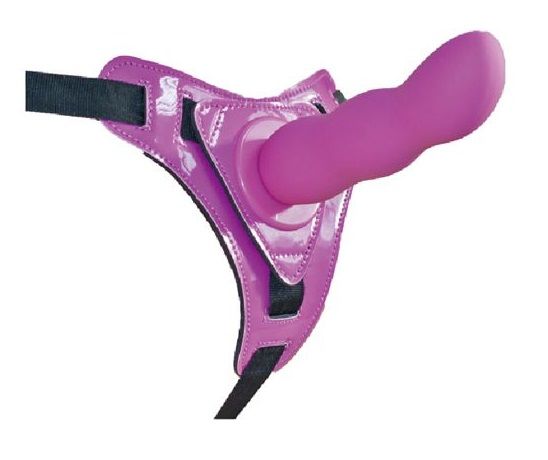 картинка Фиолетовый страпон на трусиках Curved Dong - 13,5 см. от магазина Без Проблем