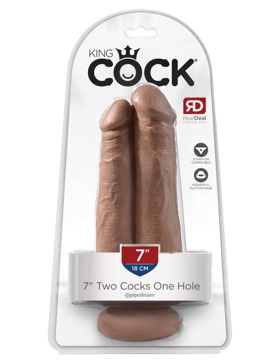 картинка Сдвоенный кофейный фаллоимитатор на присоске 7  Two Cocks One Hole - 20,3 см. от магазина Без Проблем