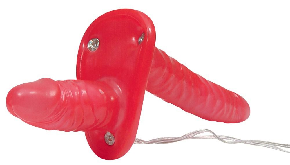 картинка Красный женский страпон с вагинальной пробкой Bad Kitty - 18 см. от магазина Без Проблем